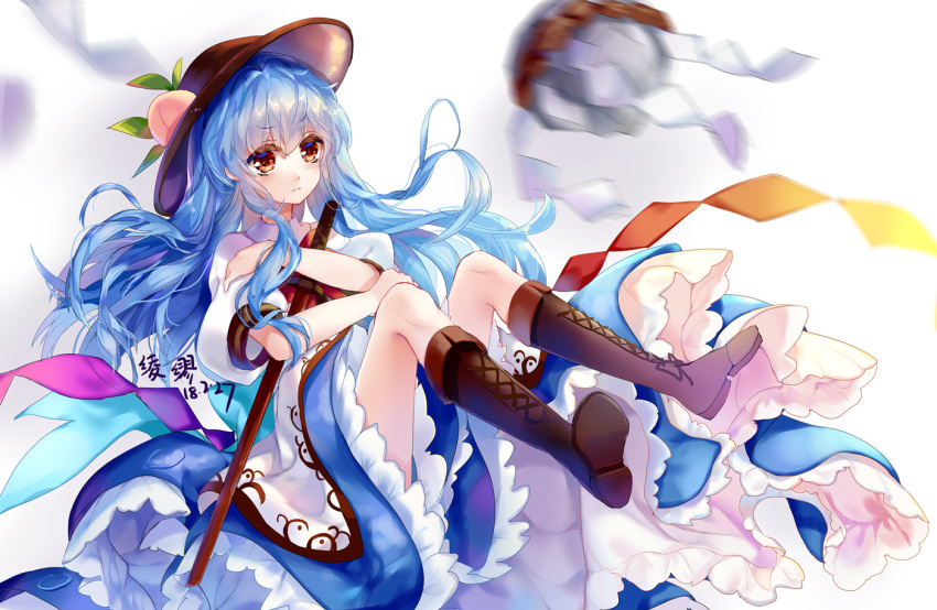 artist_name black_hat blue_hair blush boots bow brown_footwear closed_mouth dated eyebrows_visible_through_hair food fruit hat hinanawi_tenshi holding holding_sword holding_weapon keystone knee_boots ling_mou long_hair looking_at_viewer motion_blur peach red_bow red_eyes rope shide shimenawa simple_background solo sword sword_of_hisou touhou very_long_hair weapon white_background