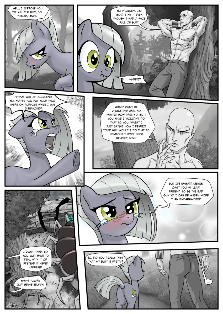 2016 angry anon arthropod bald bare_chest blood blush centipede clothed clothing comic cutie_mark dialogue earth_pony english_text equine female feral friendship_is_magic fur grey_fur grey_hair hair hi_res horse human limestone_pie_(mlp) male mammal monochrome monster muscular muscular_male my_little_pony myriapod open_mouth pencils_(artist) pony rock scrunchy_face tears text tree tsundere yellow_eyes