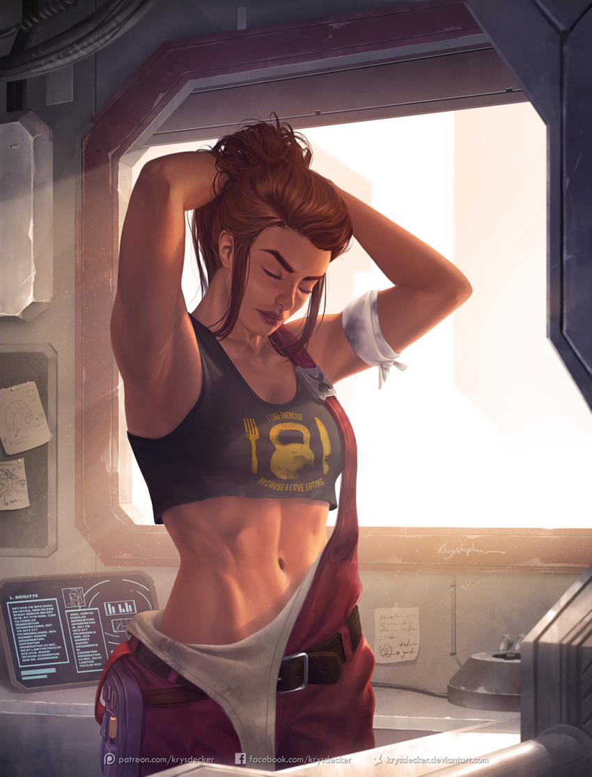 adjusting_hair armband armpits backlighting breasts brigitte_(overwatch) brown_hair closed_eyes clothes_writing commentary crop_top english_commentary eyebrows freckles hands_in_hair highres krystopher_decker long_hair navel nose overalls overwatch ponytail single_strap sleeveless small_breasts solo stomach toned workshop
