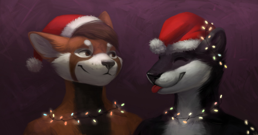 anthro canine christmas christmas_lights duo fur hair hat holidays keumano male mammal red_panda santa_hat simple_background smile tongue tongue_out