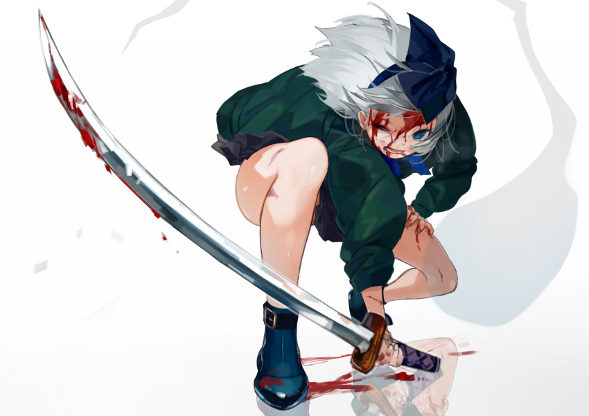 artist_name bare_legs blood blood_on_face blue_eyes blue_footwear dated floating_hair gotoh510 green_jacket hair_ribbon hairband highres holding holding_sword holding_weapon jacket konpaku_youmu konpaku_youmu_(ghost) looking_at_viewer one_eye_closed open_mouth reflection ribbon shoes signature silver_hair simple_background solo sword touhou weapon white_background