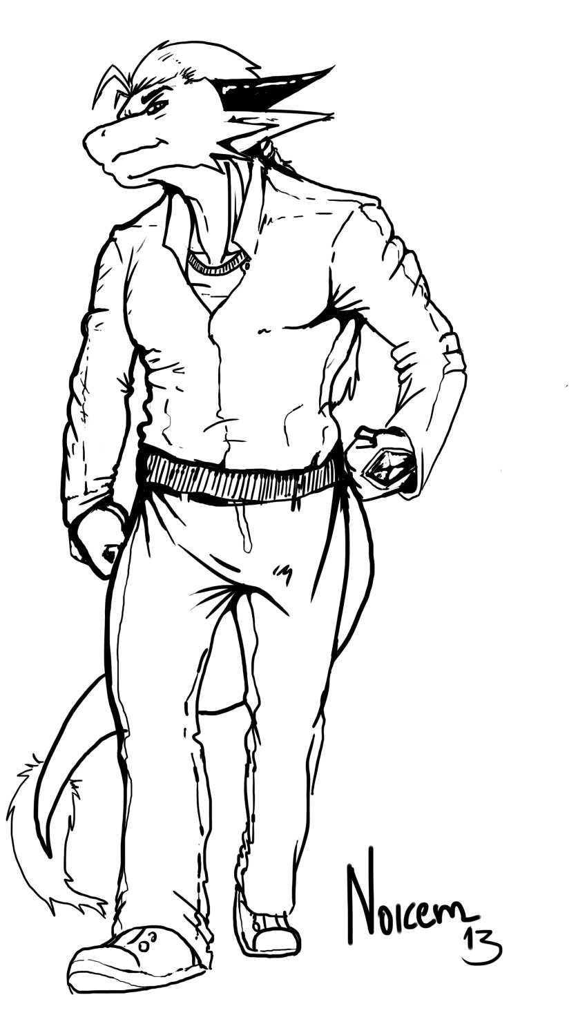2013 anthro black_and_white clothed clothing dragon hair horn male monochrome ndragon3 signature smile solo walking