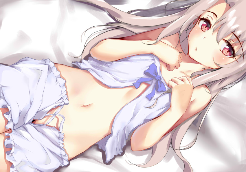 absurdres bare_shoulders bed_sheet bloomers blue_ribbon blush fate/kaleid_liner_prisma_illya fate_(series) from_above highres illyasviel_von_einzbern long_hair looking_at_viewer lying midriff navel on_back pajamas pear_sauce pink_eyes revision ribbon silver_hair solo underwear white_bloomers
