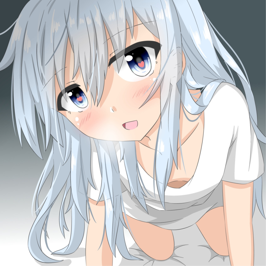blue_eyes blush commentary eyebrows_visible_through_hair gradient gradient_background hair_between_eyes heart heart-shaped_pupils heart_in_eye hibiki_(kantai_collection) highres kantai_collection looking_at_viewer open_mouth sakuramai_(sakuramai_0525) shirt silver_hair solo symbol-shaped_pupils symbol_in_eye underwear undressing white_shirt
