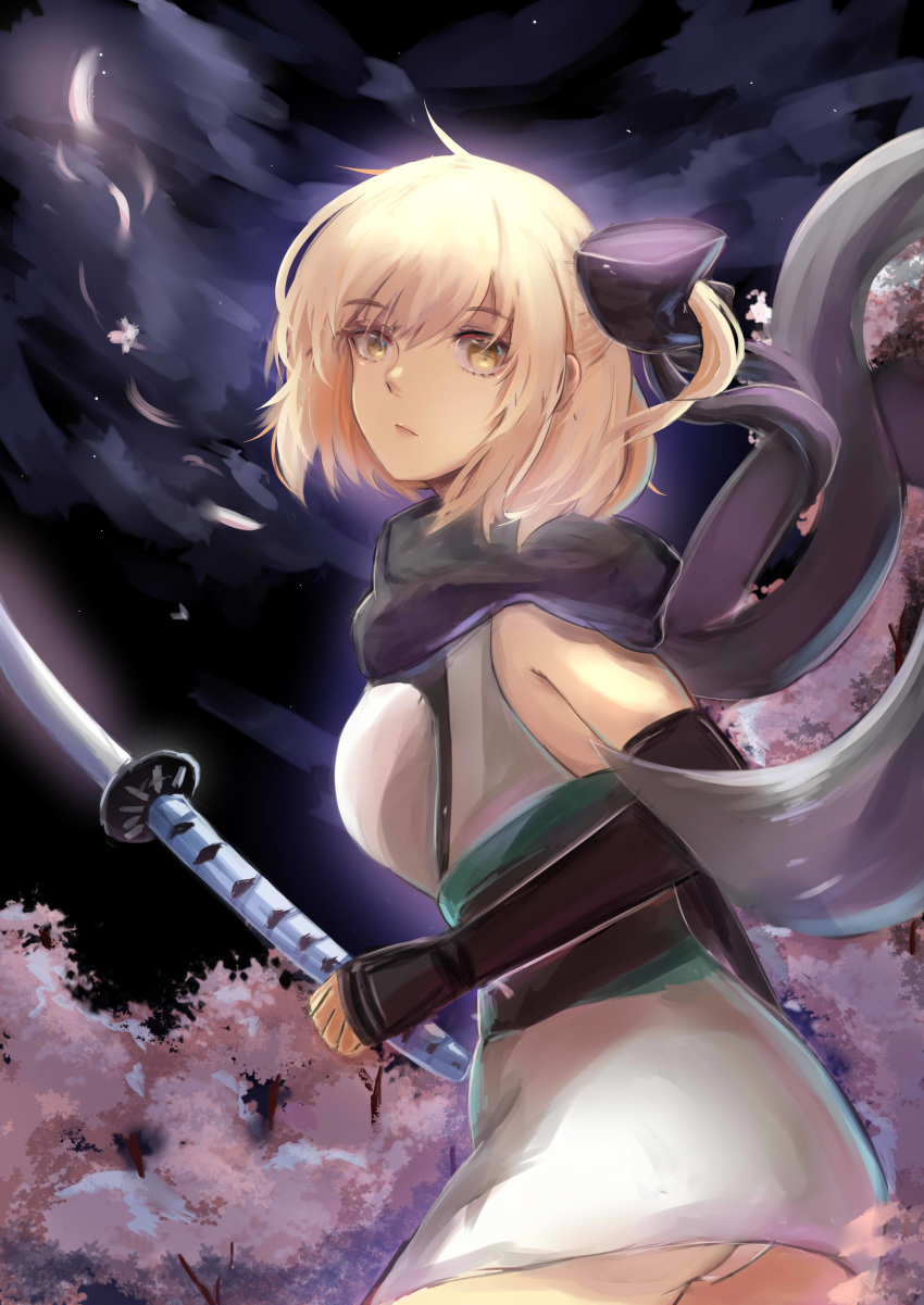 absurdres arm_guards ass black_bow blonde_hair bow cherry_blossoms fate/grand_order fate_(series) hair_bow highres looking_back night okita_souji_(fate) okita_souji_(fate)_(all) panties rekung scarf solo underwear window yellow_eyes