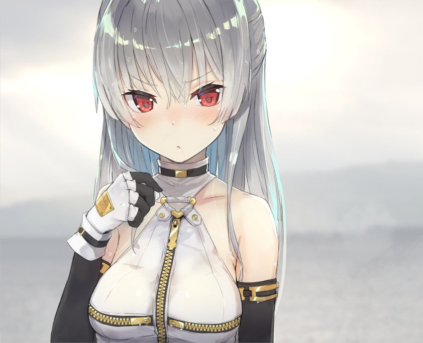 black_gloves blush breasts character_request close-up collarbone copyright_request elbow_gloves gloves highres isegawa_yasutaka long_hair looking_at_viewer medium_breasts red_eyes silver_hair solo white_gloves