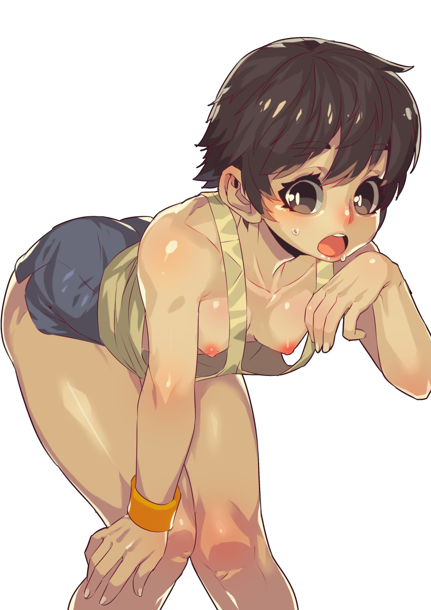 absurdres ass bare_shoulders bent_over black_hair blue_shorts breasts brown_eyes eyebrows_visible_through_hair fengmo hand_on_own_knee highres knees_touching nipples original short_hair short_shorts shorts simple_background small_breasts solo sweat white_background wristband