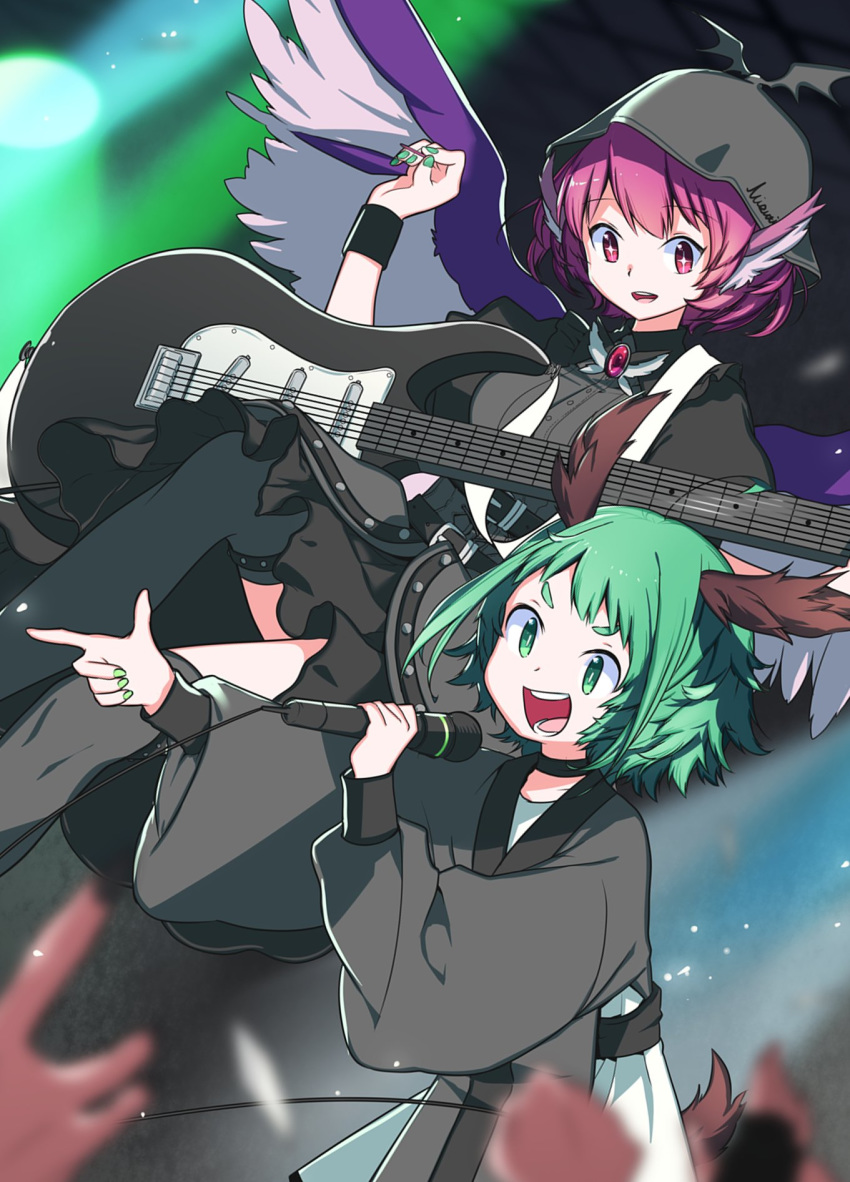 2girls :d ahoge animal_ears belt black_belt black_choker black_hat black_kimono black_legwear black_skirt breasts brooch choker choujuu_gigaku commentary_request cowboy_shot crowd electric_guitar green_hair green_nails guitar hand_up hat highres holding holding_instrument instrument japanese_clothes jewelry kasodani_kyouko kimono large_breasts long_sleeves looking_at_viewer multiple_girls mystia_lorelei nail_polish namauni nightgown open_mouth pointing puffy_short_sleeves puffy_sleeves short_hair short_sleeves skirt smile standing tail thighhighs touhou wide_sleeves wing_collar wings wristband