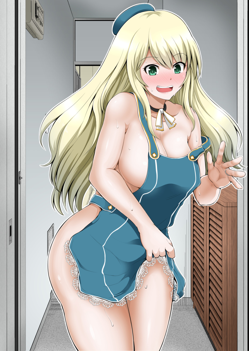 adapted_costume apron apron_lift atago_(kantai_collection) beret blonde_hair blue_apron blue_hat blush breasts choker collarbone eyebrows_visible_through_hair green_eyes hat highres jewelry kantai_collection large_breasts lifted_by_self long_hair naked_apron ring solo teeth wedding_band yano_toshinori