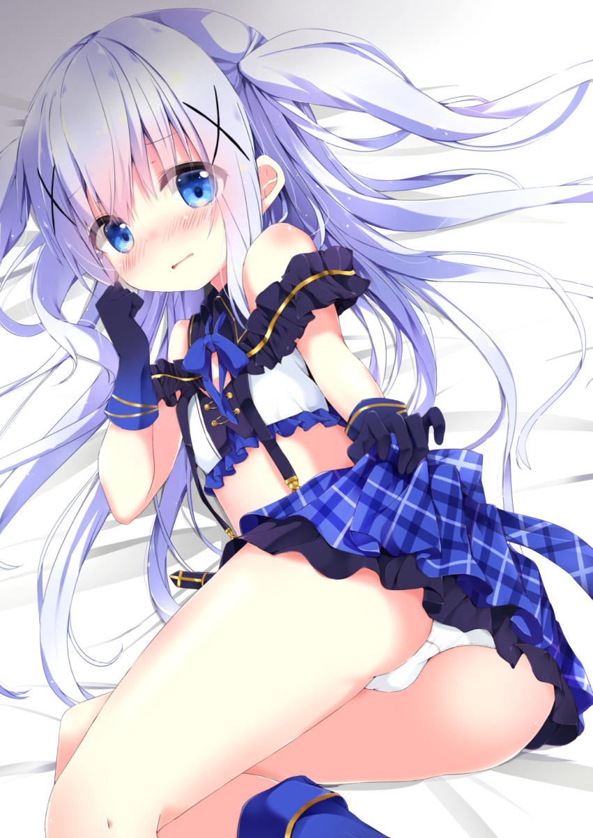 april_fools bangs bare_shoulders bed_sheet black_gloves blue_bow blue_eyes blue_hair blue_skirt blush bow commentary_request cosplay crop_top daydream_show eyebrows_visible_through_hair frilled_shirt frills gloves gochuumon_wa_usagi_desu_ka? gradient_gloves hair_between_eyes hair_ornament highres idol kafuu_chino kouda_suzu lifted_by_self light_blue_hair long_hair looking_at_viewer lying nose_blush on_side panties parted_lips plaid plaid_skirt pleated_skirt shirt sidelocks skirt skirt_lift solo tedeza_rize tedeza_rize_(cosplay) two_side_up underwear very_long_hair white_panties white_shirt x_hair_ornament