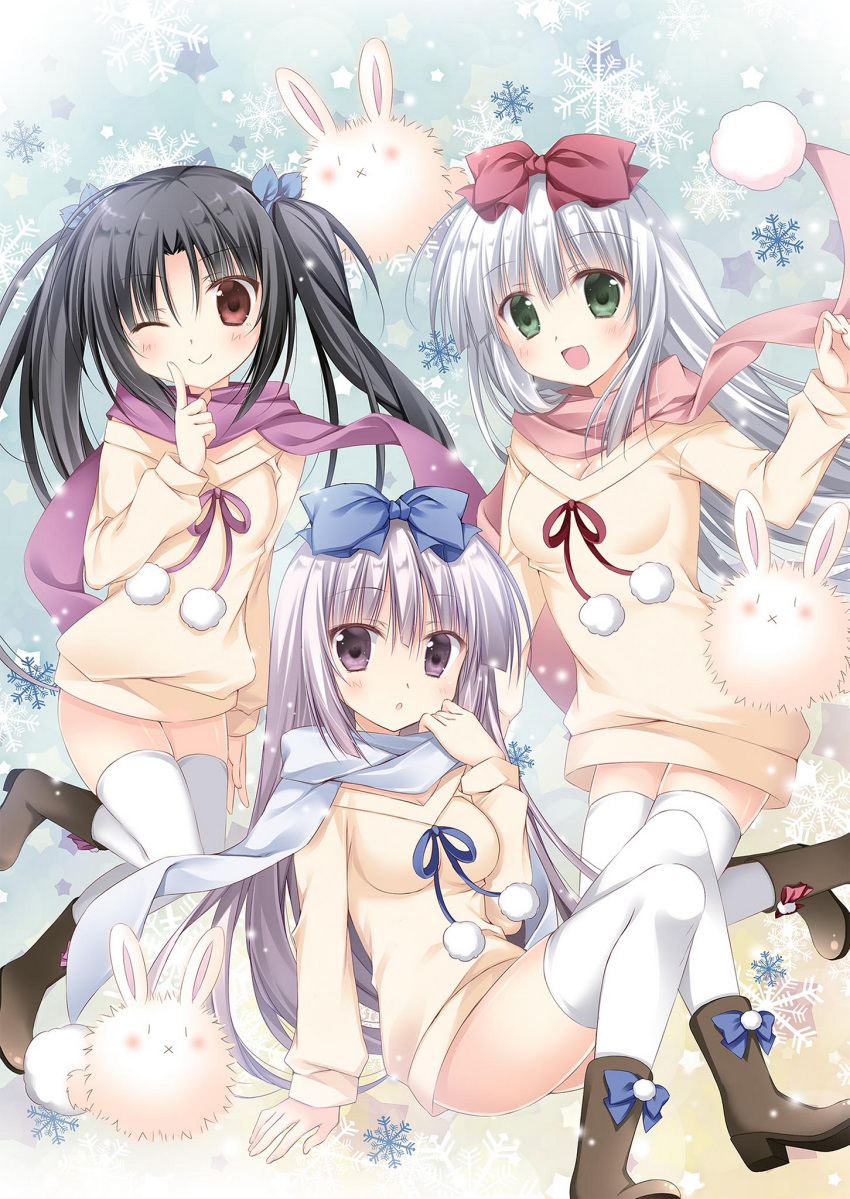 :d ;) airi_(alice_or_alice) alice_or_alice black_hair blue_bow blue_ribbon blue_scarf blush boots bow breasts brown_eyes brown_footwear bunny cleavage eyebrows_visible_through_hair floating_hair green_eyes hair_between_eyes hair_bow hair_ribbon highres index_finger_raised kisaki_(alice_or_alice) korie_riko long_hair medium_breasts multiple_girls naked_sweater one_eye_closed open_mouth pink_scarf red_bow red_eyes ribbon rise_(alice_or_alice) scarf shoe_bow shoes silver_hair smile sweater thighhighs very_long_hair white_legwear yellow_sweater zettai_ryouiki