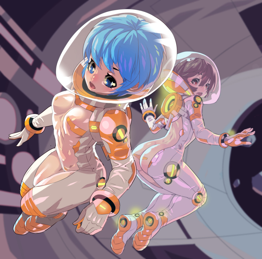 absurdres ass blue_hair breasts brown_hair fengmo floating full_body hair_between_eyes highres looking_back multiple_girls open_mouth original short_hair skin_tight small_breasts space_helmet spacesuit zero_gravity