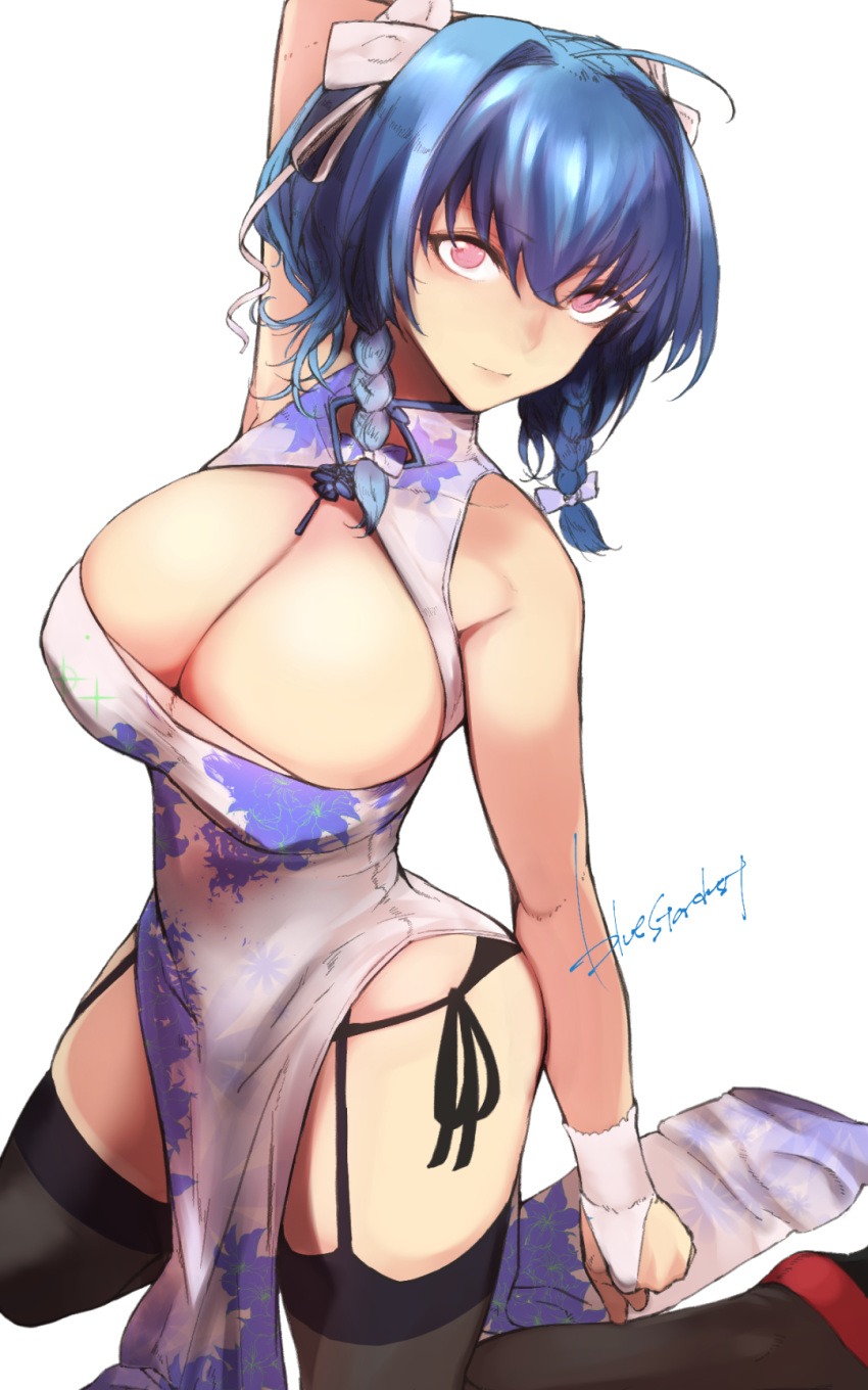 ahoge alternate_costume arm_at_side arm_behind_head armpits azur_lane bangs bare_shoulders black_legwear black_panties blue_hair blush bow braid breasts bridal_gauntlets calligraphy_brush china_dress chinese_clothes cleavage cleavage_cutout closed_mouth commentary_request crossed_bangs dress eyebrows_visible_through_hair floral_print garter_straps gloves hair_between_eyes hair_bow hair_ribbon highres kneeling kojima_(blue_stardust) large_breasts long_hair looking_at_viewer paintbrush panties pelvic_curtain pumps purple_bow purple_eyes red_footwear ribbon side-tie_panties side_braid side_slit sidelocks signature simple_background smile solo st._louis_(azur_lane) thighhighs thighs underwear white_background white_bow white_dress white_ribbon