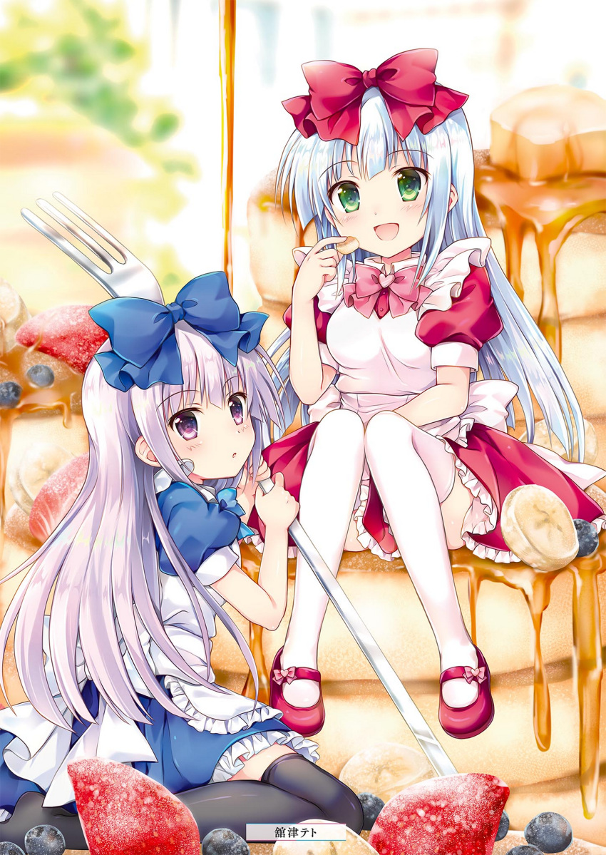 :d airi_(alice_or_alice) alice_or_alice apron artist_name back_bow black_legwear blue_bow blue_shirt blue_skirt bow bowtie eyebrows_visible_through_hair floating_hair food fork frilled_skirt frills green_eyes hair_bow head_tilt highres holding holding_food holding_fork long_hair looking_at_viewer mary_janes multiple_girls open_mouth pancake parted_lips pink_bow purple_eyes red_bow red_footwear red_shirt red_skirt rise_(alice_or_alice) shirt shoes silver_hair sitting skirt smile tachitsu_teto thighhighs very_long_hair white_apron white_bow white_legwear