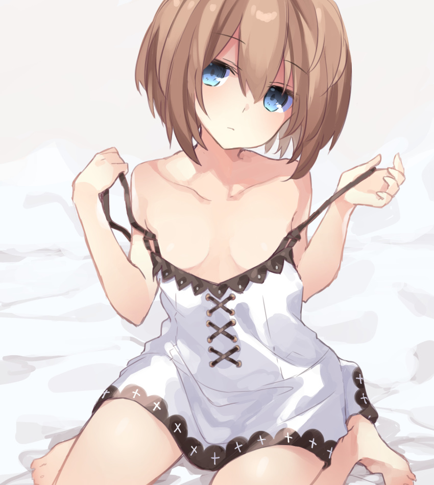 bare_shoulders blanc blancpig_yryr blue_eyes breasts brown_hair collarbone commentary_request dress expressionless highres holding_strap neptune_(series) off_shoulder short_hair simple_background small_breasts solo spaghetti_strap white_dress