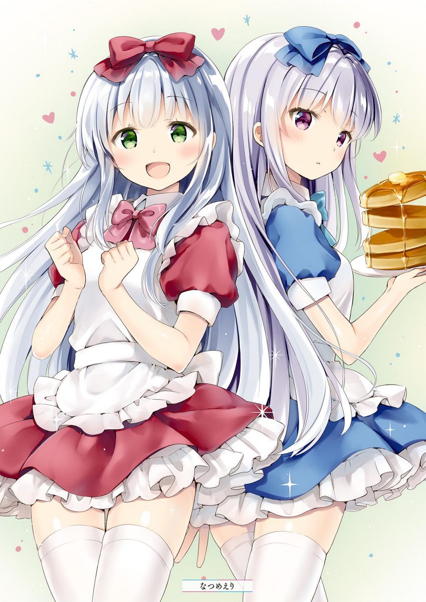 :d airi_(alice_or_alice) alice_or_alice apron artist_name blue_bow blue_neckwear blue_shirt blue_skirt blush bow bowtie cowboy_shot eyebrows_visible_through_hair food frilled_skirt frills green_eyes hair_bow heart highres long_hair looking_at_viewer miniskirt multiple_girls natsume_eri open_mouth pancake parted_lips pink_bow pink_eyes pink_neckwear red_bow red_shirt red_skirt rise_(alice_or_alice) shirt short_sleeves silver_hair skirt smile standing thighhighs very_long_hair white_apron white_legwear zettai_ryouiki