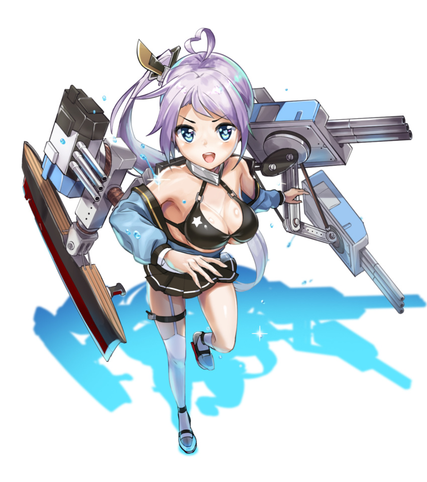 ahoge azur_lane bangs bare_shoulders bikini blue_eyes blush breasts cannon cleavage eyebrows_visible_through_hair heart heart-shaped_pupils heart_ahoge highres large_breasts long_hair looking_at_viewer machinery mid-stride miniskirt noboriya off_shoulder one_side_up open_mouth pleated_skirt portland_(azur_lane) rigging rudder_shoes running side_ponytail sidelocks silver_hair single_thighhigh skirt smile sparkle star star_print swimsuit symbol-shaped_pupils thighhighs thighs very_long_hair water_drop white_legwear