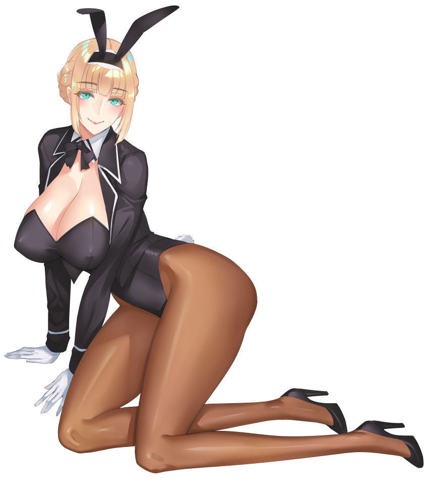 animal_ears aqua_eyes arm_support bangs black_jacket blonde_hair blunt_bangs blush bow bowtie braid breasts bunny_ears bunny_girl bunny_tail bunnysuit check_commentary cleavage commentary commentary_request covered_nipples damegane detached_collar eyebrows_visible_through_hair eyelashes fake_animal_ears french_braid full_body gloves hairband high_heels highleg highleg_leotard highres hips jacket kneeling large_breasts legs leotard lips looking_at_viewer open_clothes open_jacket original pantyhose sidelocks simple_background smile solo tail thighs white_background white_gloves wrist_cuffs