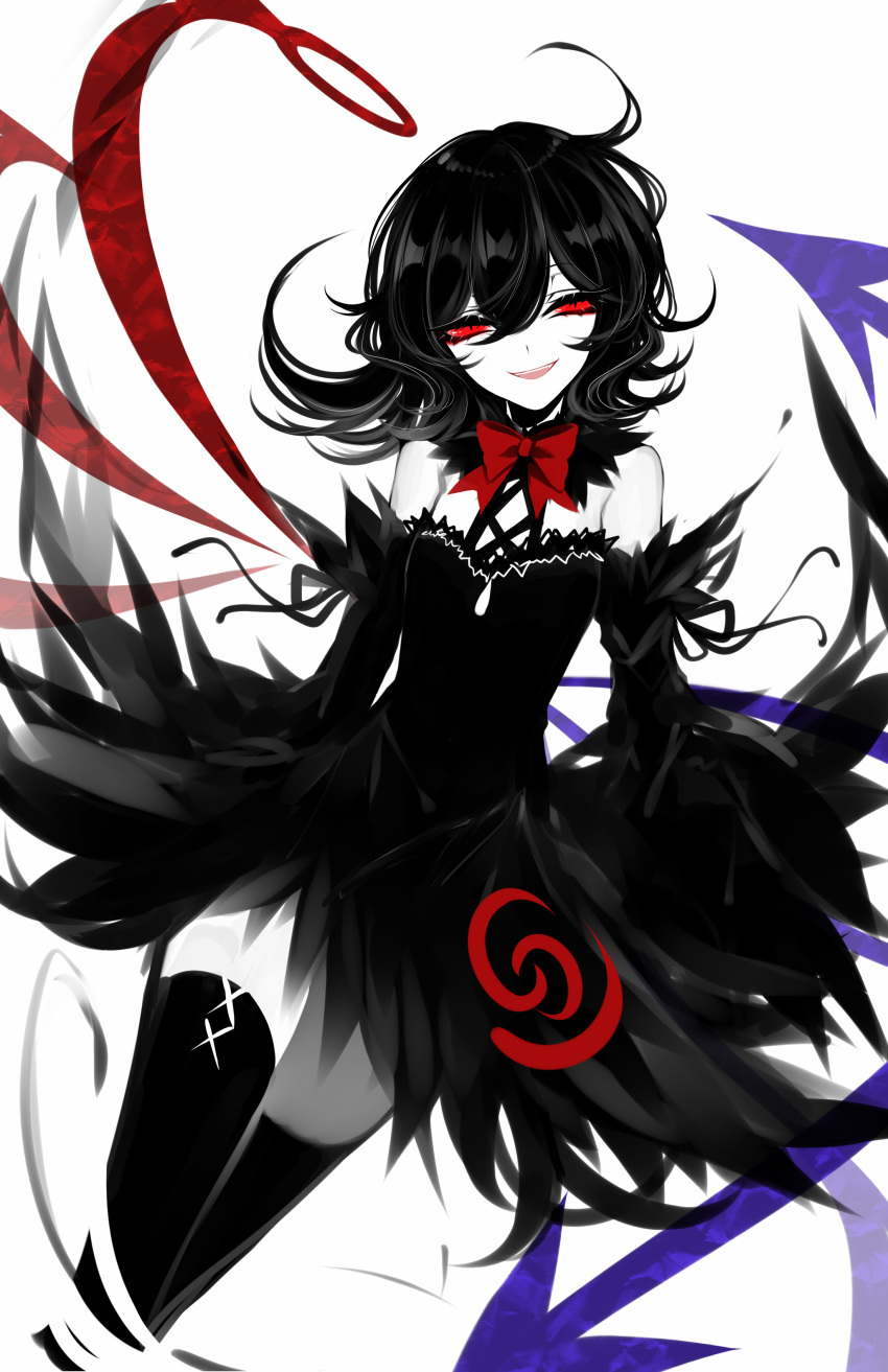 absurdres adapted_costume asymmetrical_wings bare_shoulders black_dress black_hair black_legwear black_ribbon bow bowtie breasts detached_sleeves dress hair_between_eyes head_tilt highres houjuu_nue limited_palette long_sleeves looking_at_viewer open_mouth red_bow red_eyes red_neckwear ribbon sheya sleeves_past_fingers sleeves_past_wrists small_breasts smile solo spot_color thighhighs touhou wide_sleeves wings zettai_ryouiki