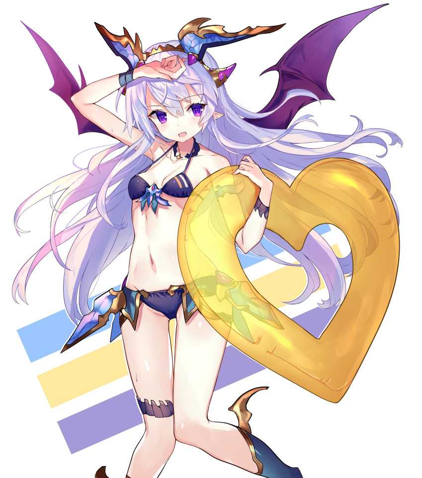 abusoru arm_up bangs bare_shoulders bikini breasts demon_wings eyebrows_visible_through_hair hair_ornament halter_top halterneck heart highres holding holding_innertube innertube long_hair looking_at_viewer navel pointy_ears purple_eyes purple_hair shiny shiny_skin simple_background small_breasts smile solo standing stomach sweat swimsuit thigh_strap very_long_hair white_background wings yellow_innertube