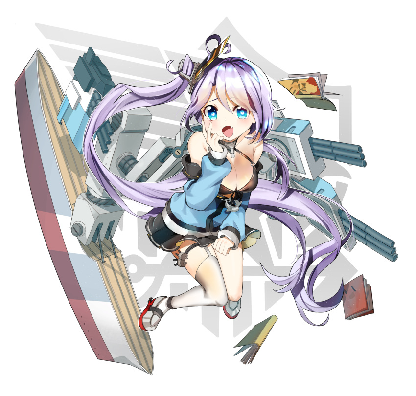 absurdres ahoge anchor_symbol azur_lane bangs bare_shoulders blue_eyes blush book breasts cannon cleavage eyebrows_visible_through_hair floating full_body garter_straps hair_between_eyes hair_ornament hand_on_own_face heart heart-shaped_pupils heart_ahoge highres jin_kwon large_breasts light_particles long_hair looking_at_viewer machinery off_shoulder one_side_up open_mouth pleated_skirt portland_(azur_lane) remodel_(azur_lane) rigging rudder_shoes side_ponytail sidelocks silver_hair simple_background skirt smile symbol-shaped_pupils thigh_strap thighhighs very_long_hair white_background white_legwear