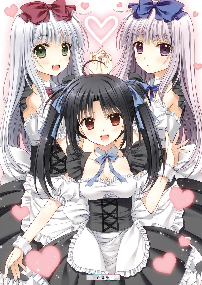 :d airi_(alice_or_alice) alice_or_alice apron artist_name black_skirt blue_bow blue_neckwear blue_ribbon bow breasts choker cleavage corset eyebrows_visible_through_hair frilled_skirt frills green_eyes hair_bow heart highres holding_hand interlocked_fingers kisaki_(alice_or_alice) long_hair looking_at_viewer maid medium_breasts multiple_girls neck_ribbon nishimata_aoi open_mouth purple_eyes red_bow red_neckwear red_ribbon ribbon rise_(alice_or_alice) silver_hair skirt smile very_long_hair white_apron wrist_cuffs