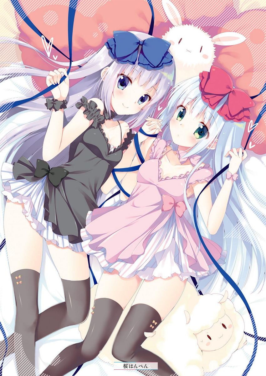 airi_(alice_or_alice) alice_or_alice artist_name black_bow black_dress black_legwear blue_bow blue_eyes blue_ribbon bow breasts bunny cleavage collarbone dress eyebrows_visible_through_hair floating_hair green_eyes hair_bow highres holding_hand interlocked_fingers long_hair multiple_girls parted_lips petals pink_bow pink_dress red_bow ribbon rise_(alice_or_alice) sakura_hanpen shiny shiny_clothes short_dress silver_hair sleeveless sleeveless_dress small_breasts smile thighhighs very_long_hair wrist_cuffs
