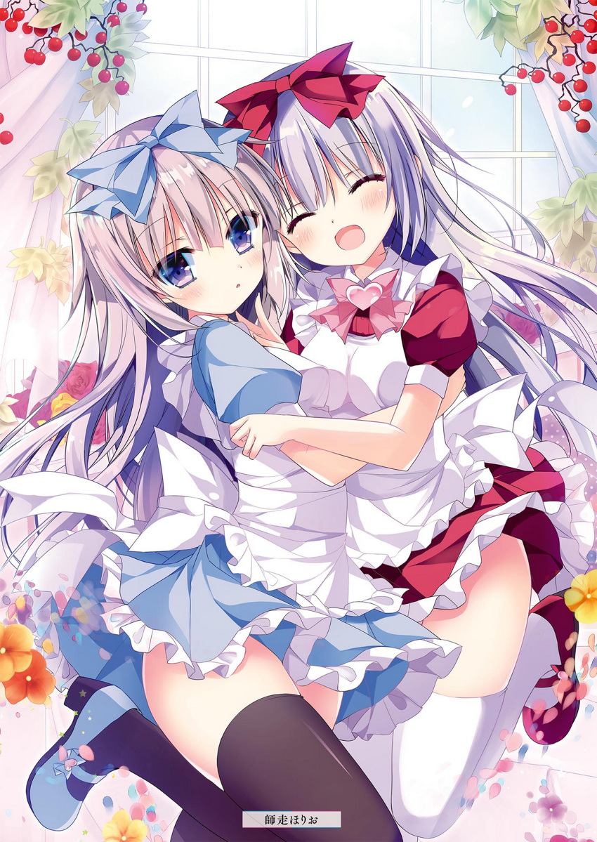 airi_(alice_or_alice) alice_or_alice apron artist_name black_legwear blue_bow blue_footwear blue_shirt blue_skirt blush bow bowtie closed_eyes floating_hair frilled_skirt frills hair_bow heart highres hug leg_up long_hair looking_at_viewer mary_janes miniskirt multiple_girls open_mouth pink_bow pink_neckwear purple_eyes red_bow red_footwear red_shirt red_skirt rise_(alice_or_alice) shirt shiwasu_horio shoes short_sleeves silver_hair skirt smile standing standing_on_one_leg thighhighs very_long_hair white_apron white_legwear