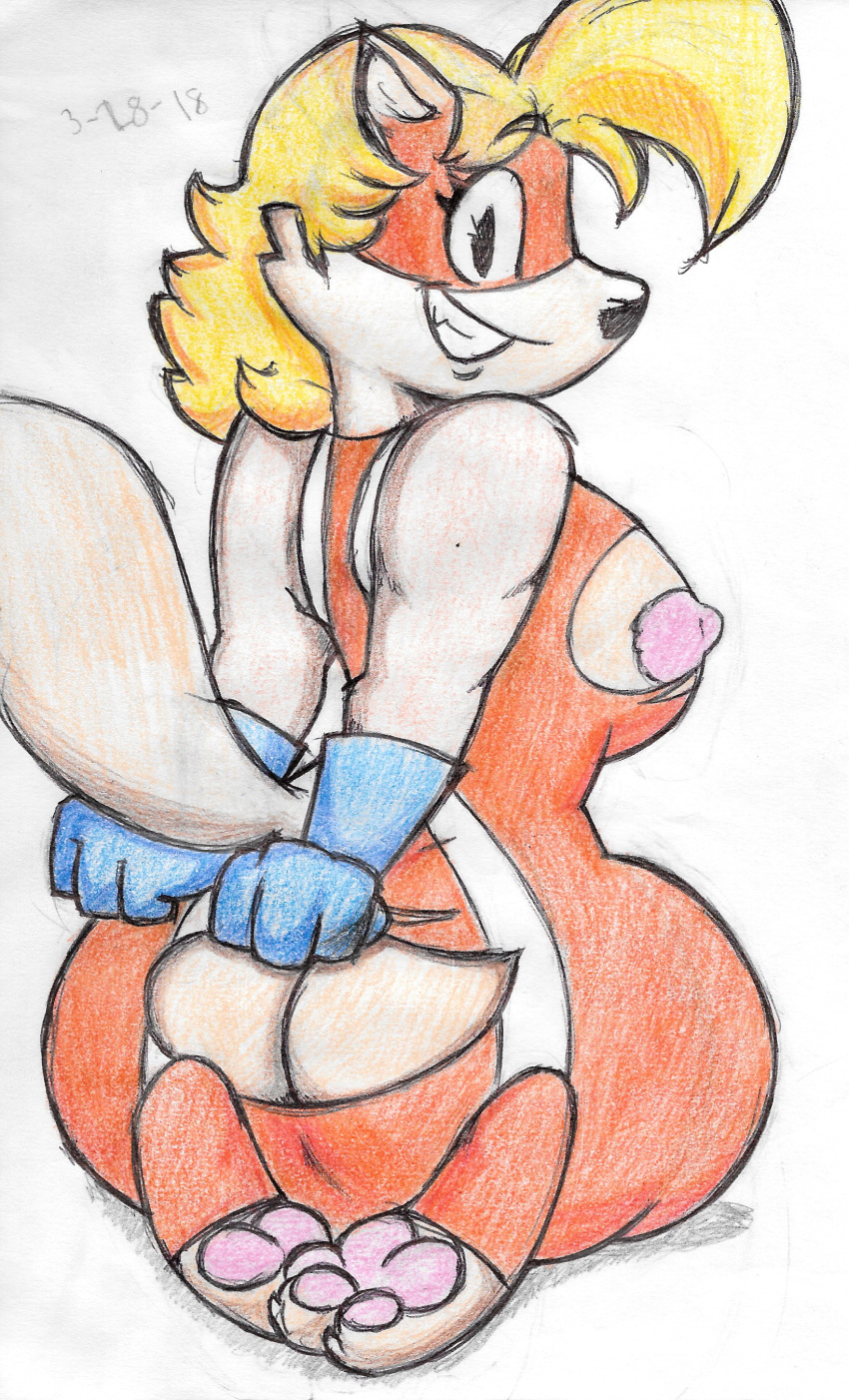 blonde_hair breasts butt canine clothing dog female fur gloves hair looking_back mammal nipples pawpads postdisease presenting presenting_hindquarters side_boob simple_background superhero_dog_(vimhomeless) tan_fur torn_clothing traditional_media_(artwork) white_background
