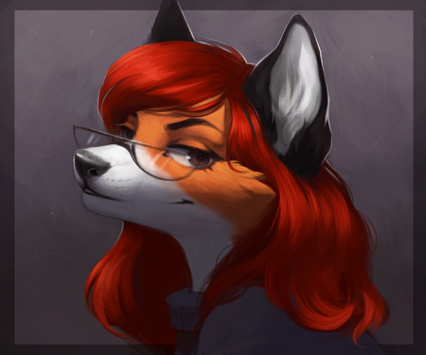 anthro brown_eyes canine clothing eyelashes eyewear female fox fur glasses hair keumano looking_at_viewer mammal red_hair simple_background smile solo sweater