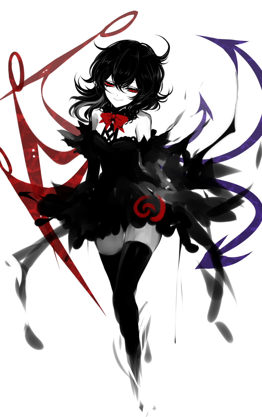 absurdres adapted_costume asymmetrical_wings bare_shoulders black_dress black_hair black_legwear bow bowtie breasts cropped_legs detached_sleeves dress eyebrows_visible_through_hair hair_between_eyes highres houjuu_nue limited_palette long_sleeves red_bow red_eyes red_neckwear sheya short_dress short_hair simple_background small_breasts smile solo spot_color thighhighs touhou white_background wide_sleeves wings zettai_ryouiki