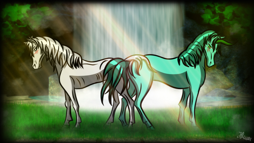 16:9 ass_to_ass blue_eyes blush duo equine female female/female feral feral_on_feral green_eyes green_hair hair hi_res horn horse incest looking_at_viewer looking_back mammal outside sex smile thehereticlocomotive tribadism unicorn waterfall white_hair