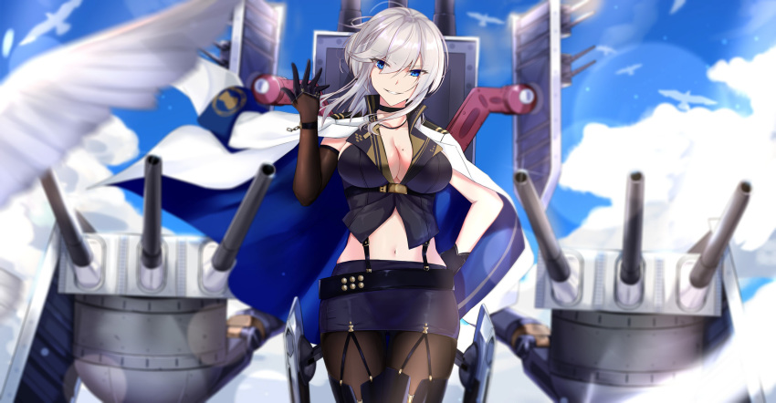 azur_lane bangs belt bird black_gloves black_legwear blue_eyes blue_sky blurry boots breasts cannon chain check_commentary choker cleavage cloud collarbone commentary commentary_request cowboy_shot cross cross_necklace day depth_of_field eternity_(pixiv8012826) eyebrows_visible_through_hair eyes_visible_through_hair floating_hair gloves hair_between_eyes half_gloves hand_on_hip hand_up head_tilt highres jacket_on_shoulders jewelry large_breasts looking_at_viewer machinery military_jacket mole mole_on_breast navel necklace outdoors pantyhose parted_lips pencil_skirt short_hair sidelocks silver_hair skirt sky smile solo thigh_boots thighhighs washington_(azur_lane) wind wind_lift wrist_straps