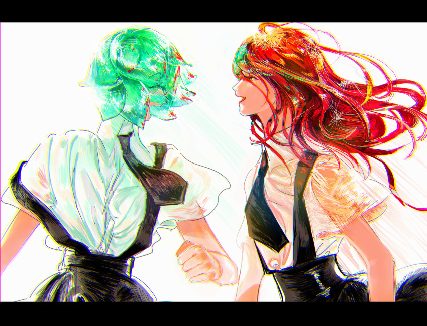 absurdres androgynous closed_eyes eyes_visible_through_hair gem_uniform_(houseki_no_kuni) green_hair happy highres houseki_no_kuni letterboxed long_hair looking_at_another multiple_others necktie open_mouth phosphophyllite protected_link red_eyes red_hair salty_en shinsha_(houseki_no_kuni) short_hair smile suspenders