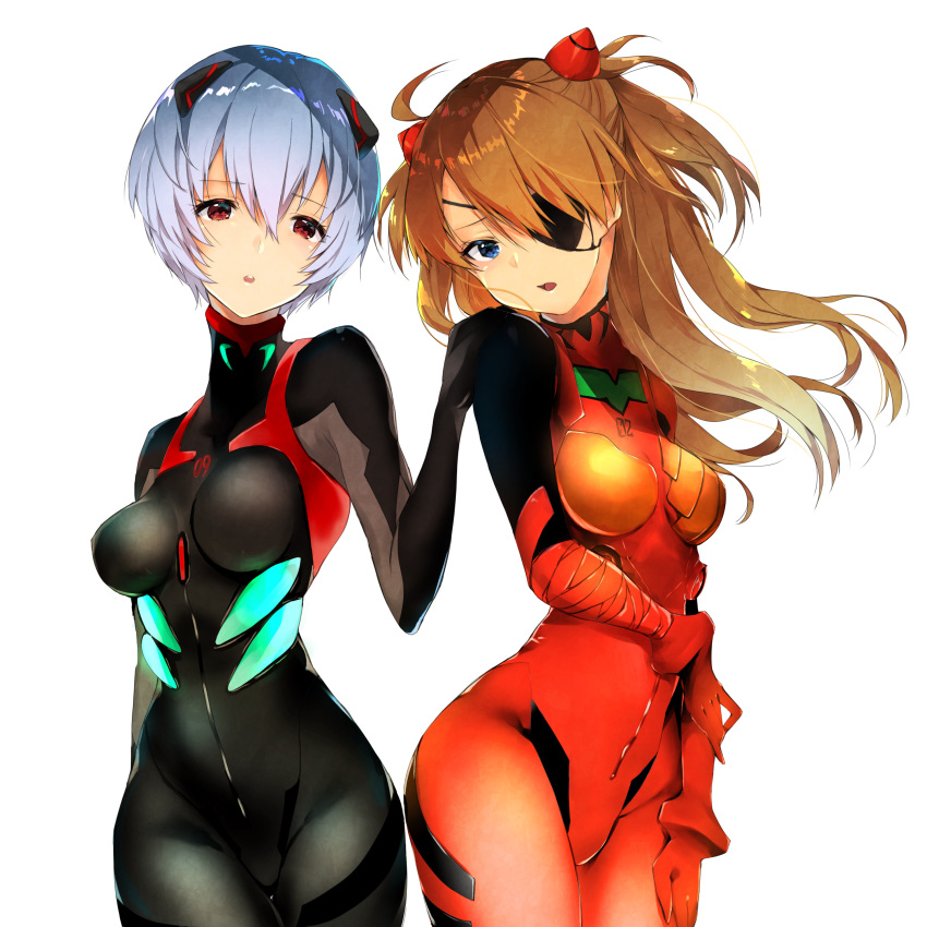 absurdres arm_behind_back ayanami_rei bangs black_bodysuit blue_eyes bodysuit bracer breasts brown_hair colored_eyelashes cowboy_shot evangelion:_3.0_you_can_(not)_redo eyepatch from_side gloves hair_between_eyes hand_on_another's_shoulder head_tilt headgear hekiki_riyo highres hips holding_arm long_hair looking_at_viewer multiple_girls neon_genesis_evangelion one_eye_covered open_mouth parted_bangs parted_lips pilot_suit plugsuit rebuild_of_evangelion red_bodysuit red_eyes shikinami_asuka_langley shiny shiny_hair short_hair skin_tight slender_waist small_breasts souryuu_asuka_langley standing straight_hair tape transparent_background turtleneck two_side_up