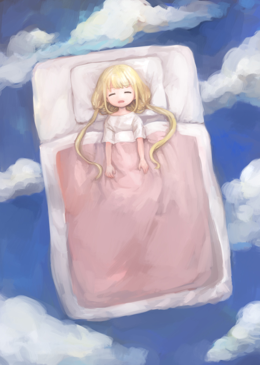 blanket blonde_hair closed_eyes cloud cloudy_sky comeco commentary_request floating futaba_anzu futon highres idolmaster idolmaster_cinderella_girls long_hair low_twintails lying on_back open_mouth pillow shirt sky sleeping solo surreal twintails under_covers white_shirt