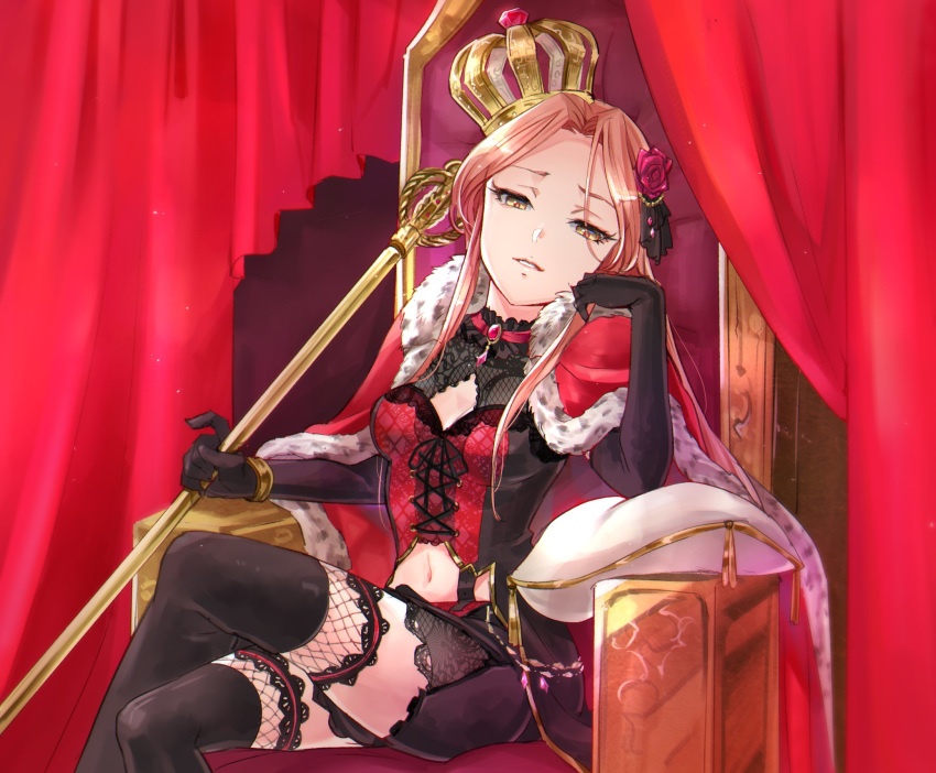 bangle black_gloves black_legwear bracelet breasts brooch brown_eyes brown_hair cleavage cloak collar commentary_request cross-laced_clothes crossed_legs crown curtains elbow_gloves feet_out_of_frame fishnets flower frilled_collar frills fur_trim gloves hair_flower hair_ornament head_rest highres holding_scepter idolmaster idolmaster_cinderella_girls idolmaster_cinderella_girls_starlight_stage jewelry lace lace-trimmed_thighhighs long_hair looking_at_viewer medium_breasts miniskirt navel null_(chronix) parted_lips pillow red_cloak red_curtains scepter sidelocks sitting skirt solo thighhighs throne zaizen_tokiko
