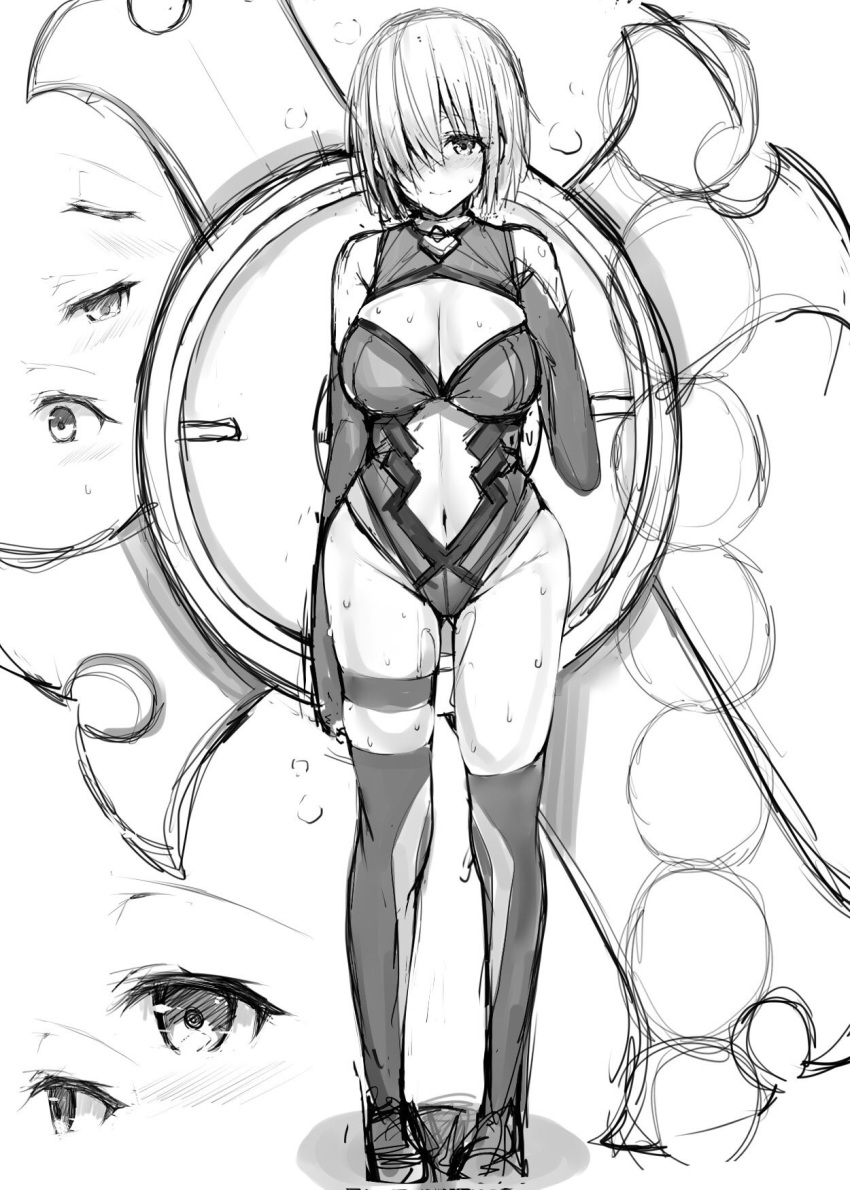 blue_gk breasts elbow_gloves fate/grand_order fate_(series) gloves hair_over_one_eye highres large_breasts leotard mash_kyrielight monochrome short_hair sketch solo