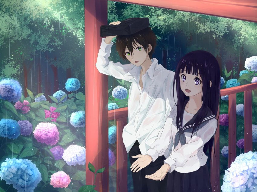 1girl :d bag bangs black_hair black_skirt blue_neckwear blunt_bangs brown_hair chitanda_eru day flower forest green_eyes hair_between_eyes highres hydrangea hyouka leaf long_hair looking_at_viewer looking_to_the_side looking_up nature neckerchief object_on_head open_hands open_mouth oreki_houtarou outdoors outstretched_arms pleated_skirt purple_eyes rain sailor_collar school_bag school_uniform serafuku shelter shirt short_hair skirt smile untucked_shirt user_mnwn3283 water_drop wet wet_clothes white_shirt