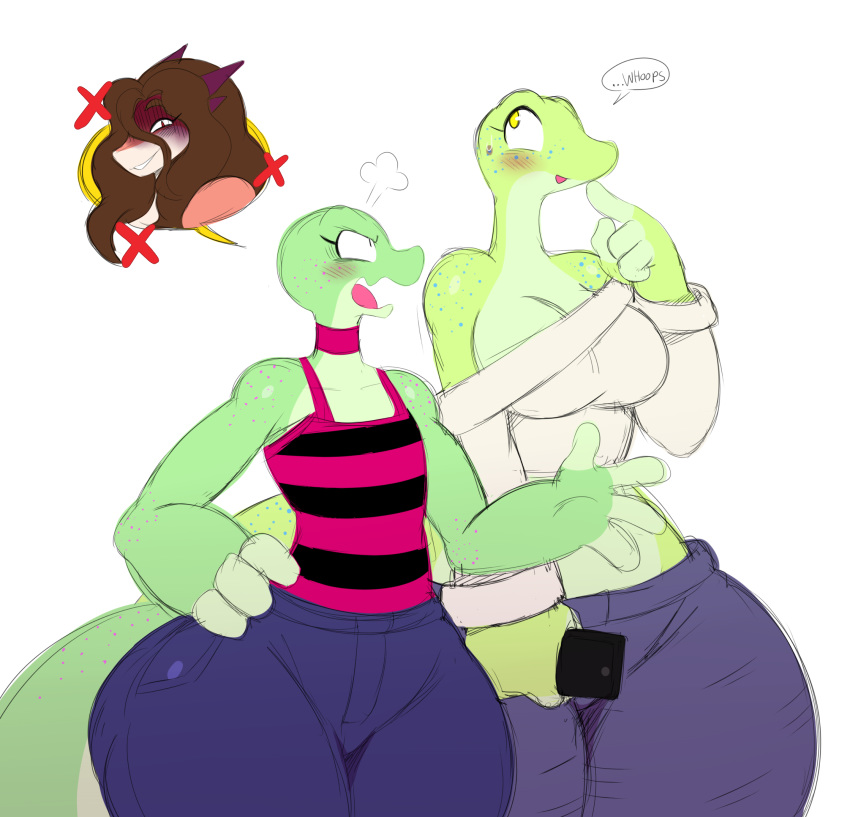 2018 anthro big_thighs biped bliss_(sssonic2) blush breasts brown_hair clothed clothing dialogue digital_media_(artwork) duo english_text female hair hi_res holding_object holding_phone huge_hips huge_thighs joy_(sssonic2) lizard midriff miss_l off_shoulder open_mouth pants phone reptile scalie sibling simple_background sisters sssonic2 text voluptuous white_background wide_hip wide_hips yellow_eyes