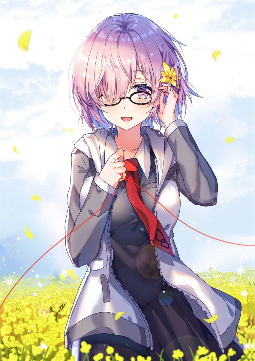 :d bangs black-framed_eyewear black_dress blue_sky blush breasts cloud collarbone collared_dress day dress eyebrows_visible_through_hair fate/grand_order fate_(series) field flower flower_field gejigejier glasses grey_hoodie hair_flower hair_ornament hair_over_one_eye highres hood hood_down hoodie looking_at_viewer mash_kyrielight medium_breasts necktie open_clothes open_hoodie open_mouth outdoors petals pink_hair pleated_dress purple_eyes red_neckwear red_string sky smile solo string yellow_flower