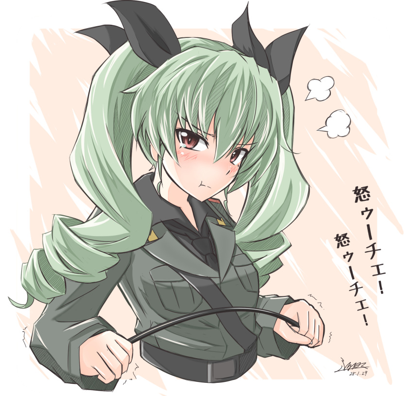 :t anchovy anzio_military_uniform black_neckwear blush cropped_torso drill_hair eyebrows_visible_through_hair girls_und_panzer green_hair hair_between_eyes highres isofude looking_at_viewer necktie pun red_eyes riding_crop solo translated trembling twin_drills