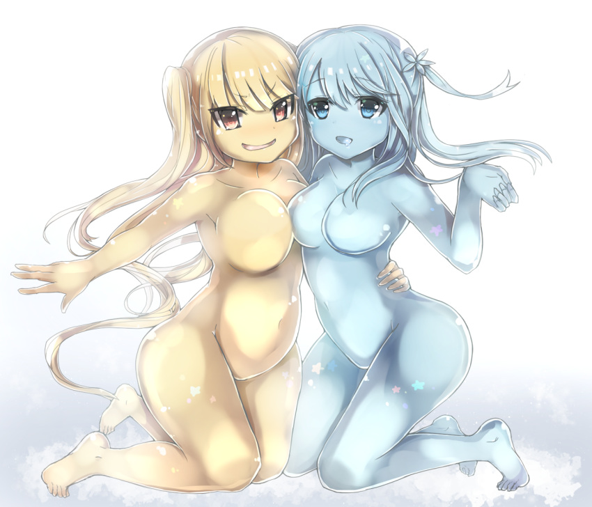 2girls asymmetrical_docking barefoot blue_eyes breasts female goo_girl groin kneeling monster_girl multiple_girls no_nipples nude open_mouth original pippi_(artist) twintails