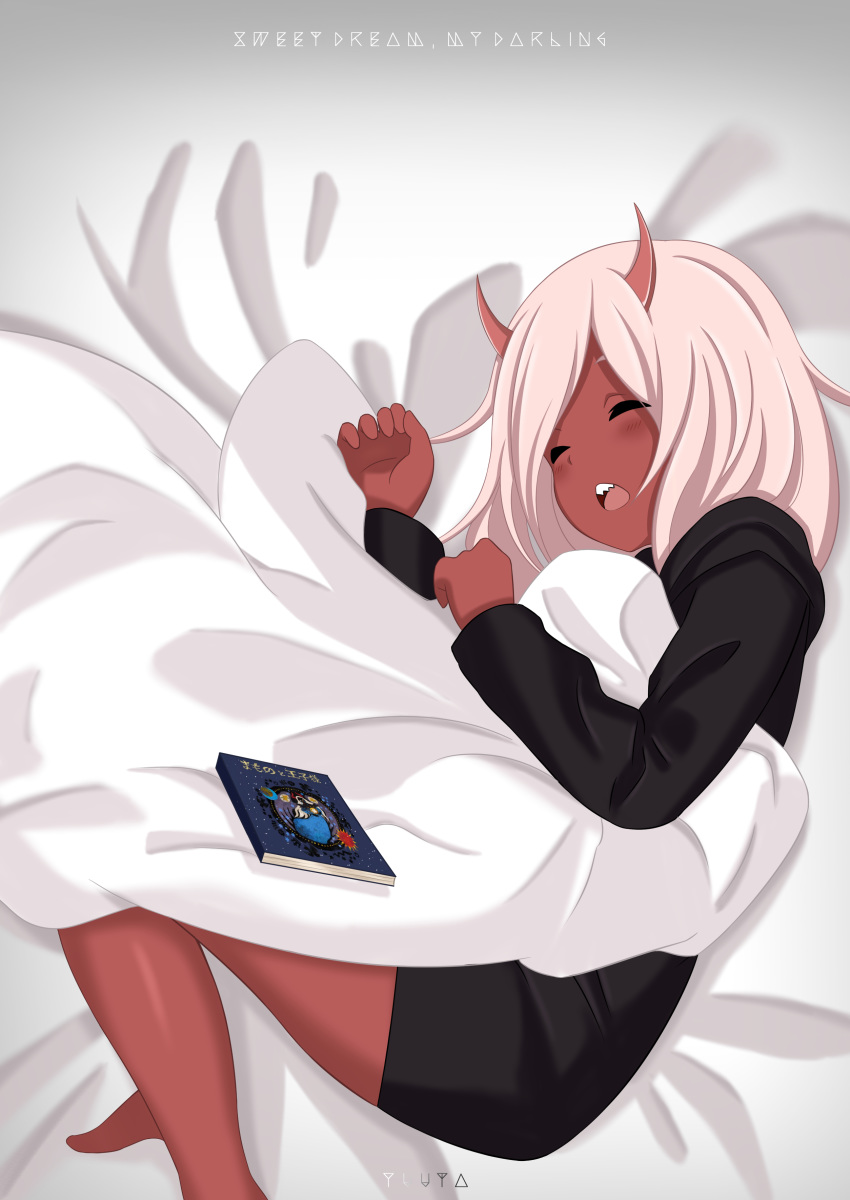absurdres black_cloak blanket book closed_eyes commentary darling_in_the_franxx highres horns lying on_back open_mouth red_skin silver_hair sleeping solo spoilers yuuta_(yuuta0312) zero_two_(darling_in_the_franxx)
