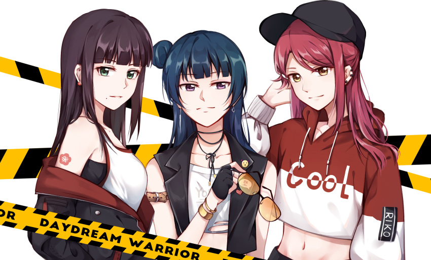 arm_belt badge bangs baseball_cap black_gloves black_hair black_hat black_vest blue_hair bracelet brown_eyes button_badge caution_tape character_name clothes_writing commentary_request crop_top cropped_jacket drawstring earrings eyewear_removed fingerless_gloves flower_tattoo gemi_25 gloves green_eyes hair_ornament hairclip half_updo hand_in_hair hat highres jewelry kurosawa_dia long_hair long_sleeves looking_at_viewer love_live! love_live!_sunshine!! midriff mole mole_under_mouth multiple_girls navel necklace off_shoulder purple_eyes red_hair sakurauchi_riko shoulder_tattoo side_bun song_name sunglasses tattoo tsushima_yoshiko upper_body vest