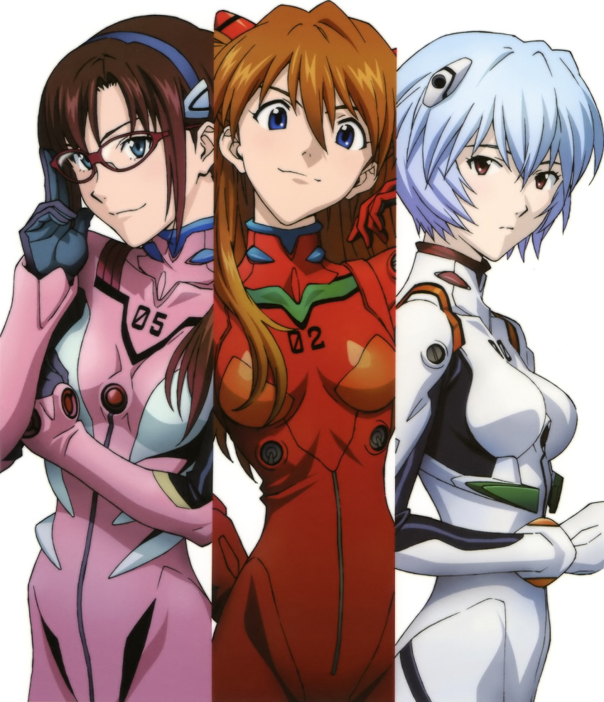 3girls adjusting_eyewear adjusting_glasses ayanami_rei blue_eyes blue_hair blue_hairband bodysuit breasts brown_hair closed_mouth column_lineup evangelion:_2.0_you_can_(not)_advance expressionless glasses hair_between_eyes hair_ornament hairband hairpods hand_on_hip hand_up head_tilt highres long_hair looking_at_viewer makinami_mari_illustrious matsubara_hidenori medium_breasts multiple_girls neon_genesis_evangelion official_art pilot_suit pink_bodysuit plugsuit rebuild_of_evangelion red-framed_eyewear red_bodysuit short_hair simple_background skin_tight small_breasts smile soryu_asuka_langley upper_body white_background white_bodysuit