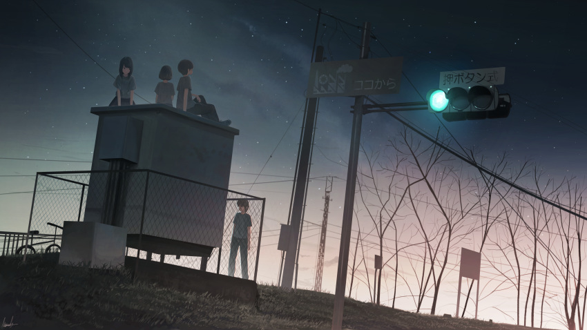 2girls absurdres banishment bicycle brown_hair cloud cloudy_sky commentary_request fence grey_shirt ground_vehicle highres md5_mismatch multiple_boys multiple_girls original outdoors scenery shirt short_hair short_sleeves sky standing star_(sky) starry_sky sunset traffic_light tree
