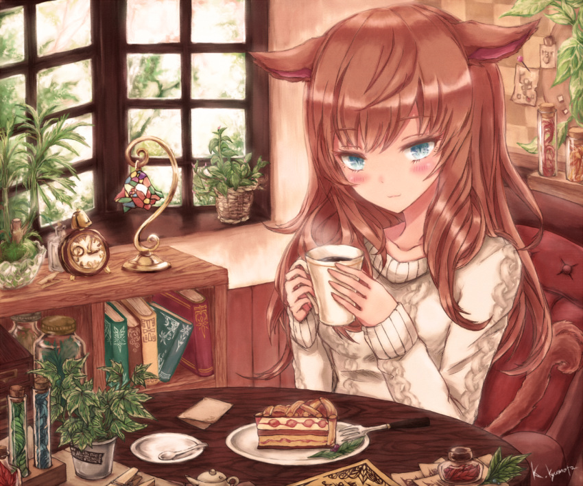:3 animal_ears aran_sweater bangs blue_eyes blush book bookshelf brown_hair cake cat_ears cat_tail chair clock coffee_mug collarbone commentary creamer_(vessel) cup day desk_lamp eyebrows_visible_through_hair food fork holding holding_cup indoors kyuumoto_kuku lamp long_hair long_sleeves looking_at_viewer menu mug original plant plate potted_plant shiny shiny_hair signature sitting slit_pupils solo spoon sweater table tail test_tube white_sweater window