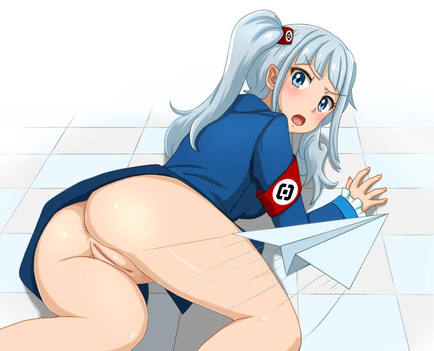 :o all_fours anus armband ass blue_eyes blue_hair blush breasts checkered checkered_floor eyebrows_visible_through_hair frilled_sleeves frills highres huyase long_hair long_sleeves looking_at_viewer looking_back medium_breasts no_panties open_mouth original paper_airplane pussy rkn-chan solo uncensored