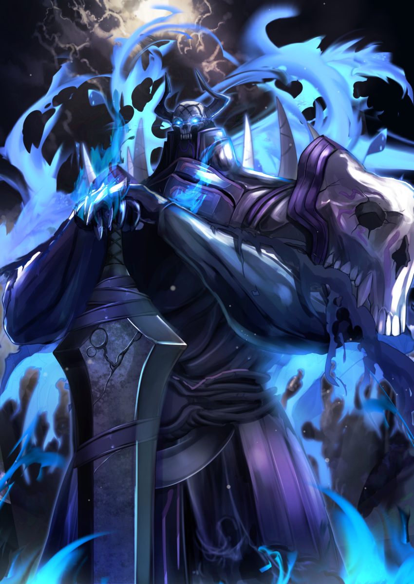 armor aura black_cloak blue_eyes cloud cloudy_sky crack fate/grand_order fate_(series) full_armor gauntlets glowing glowing_eyes hands_on_hilt helmet highres horned_helmet horns king_hassan_(fate/grand_order) light_trail looking_at_viewer male_focus outdoors pauldrons skull_mask sky solo spikes standing sword teeth torn_clothes untsue weapon